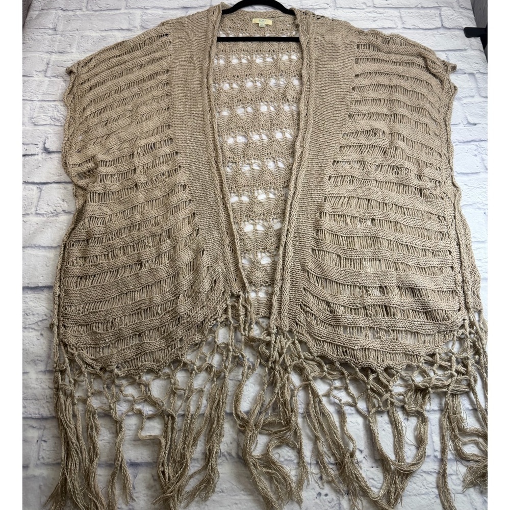 Kori Tan Open-Knit Fringe Sleeveless Cardigan. Size M/L. Boho. Coastal. Festival